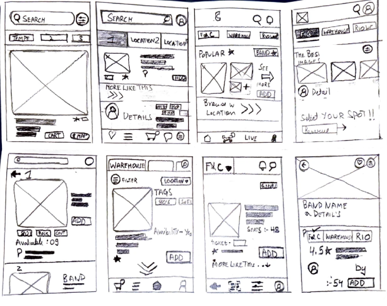 Hand-drawn paper sketches — early wireframe ideas